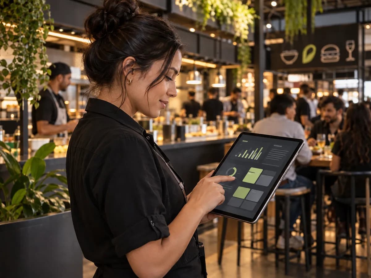 Gestora observa dados operacionais em um tablet durante o atendimento