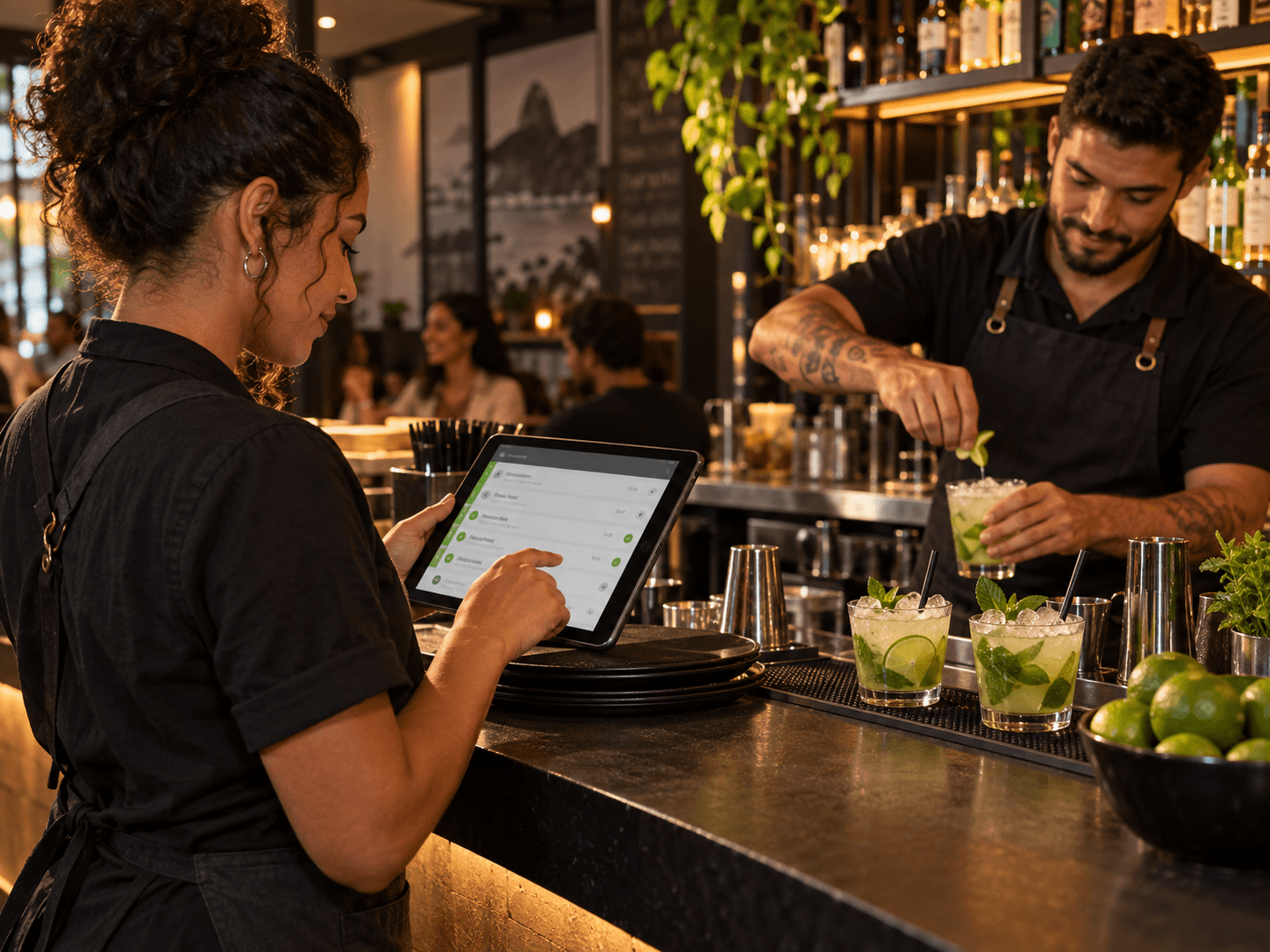 Equipe de bar acompanha pedidos em um tablet enquanto prepara bebidas