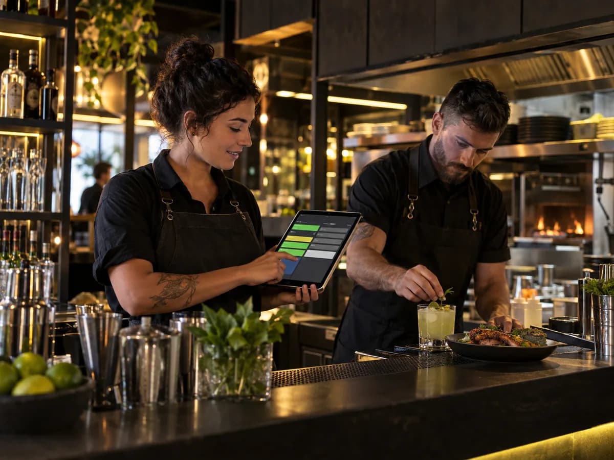 Equipe de bar e cozinha acompanha uma fila ilustrativa de pedidos em um tablet