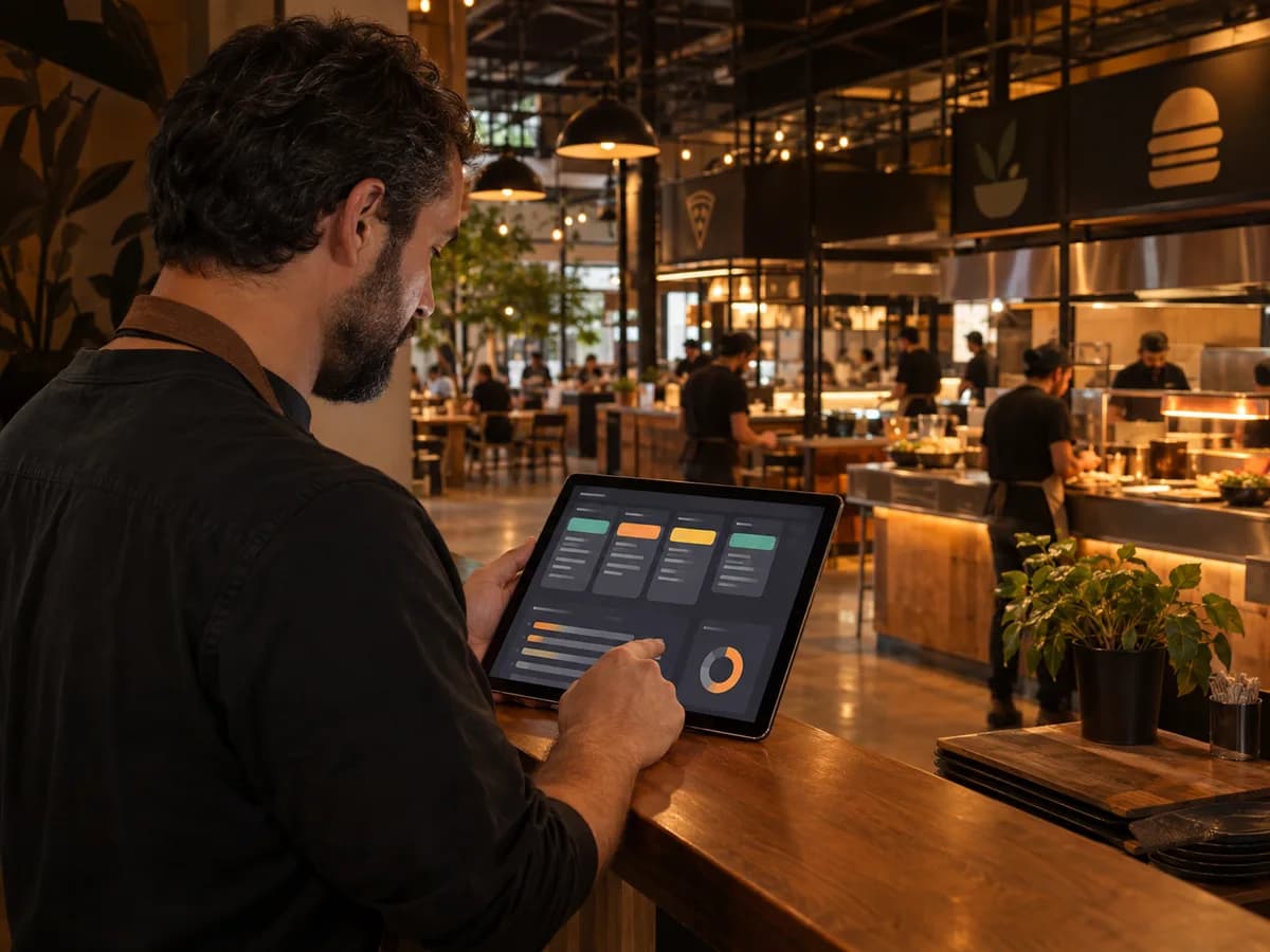 Gestor consulta em um tablet uma representação visual dos pedidos e produtos da operação