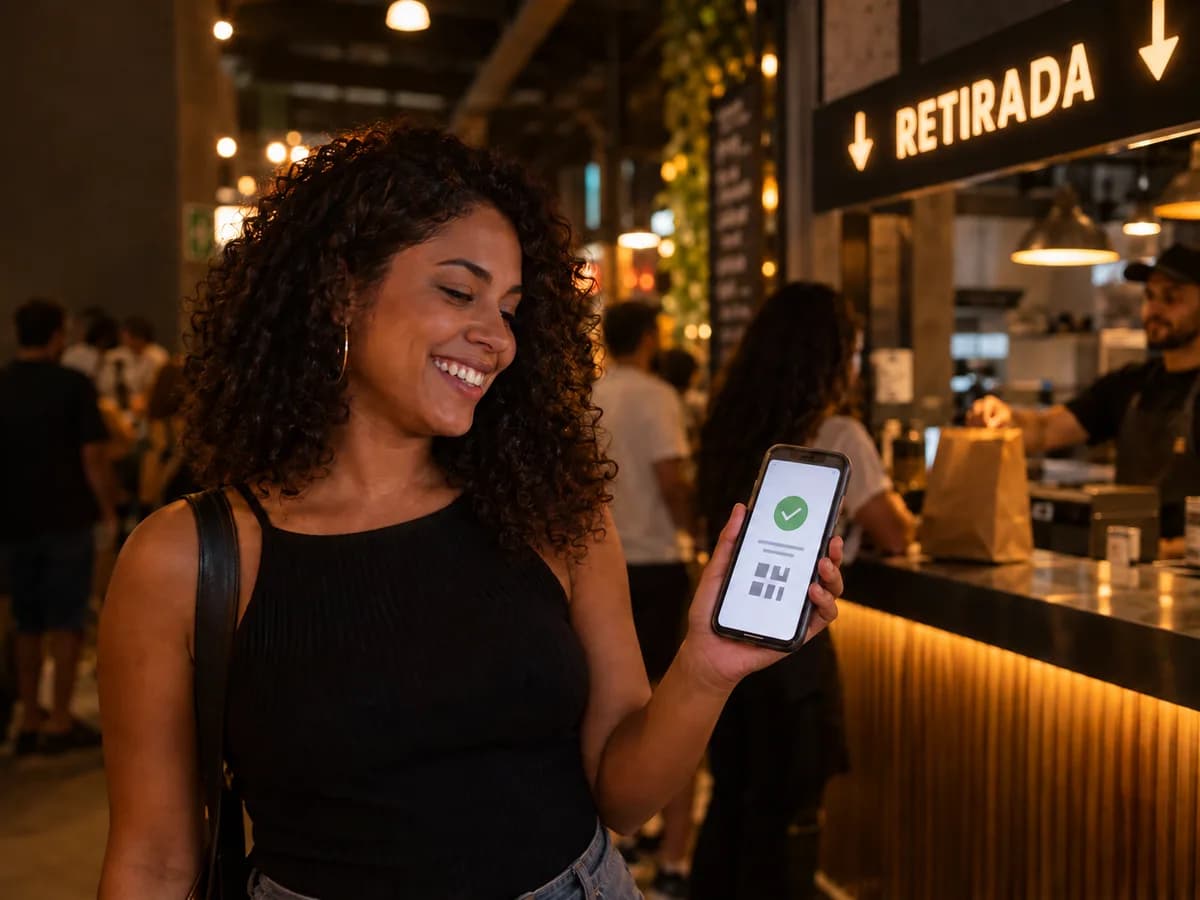 Cliente sorri ao ver uma confirmação ilustrativa no celular perto do ponto de retirada