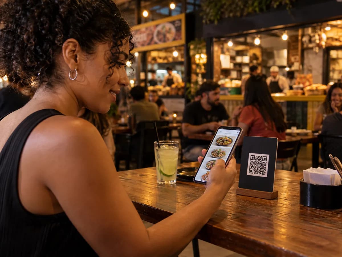 Cliente consulta o cardápio no celular ao lado de um QR Code na mesa
