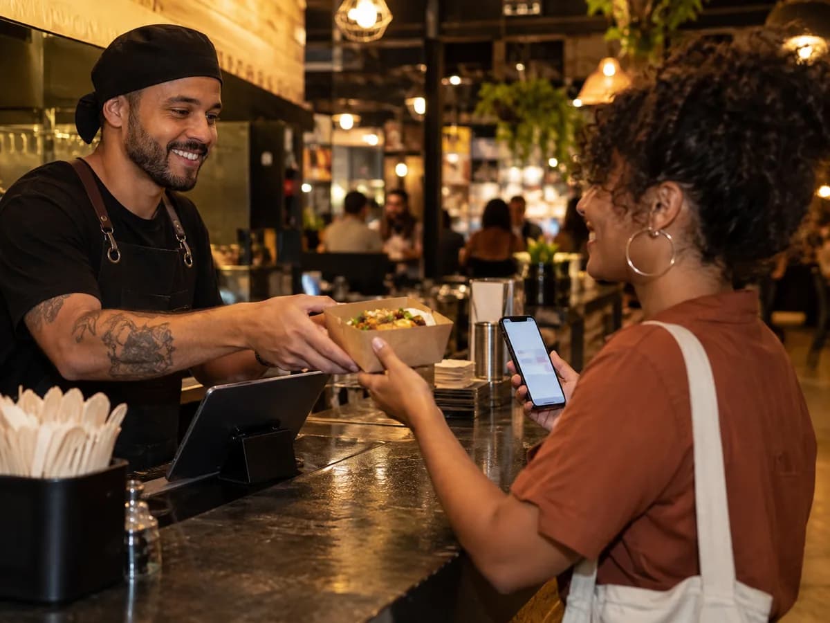 Atendente entrega um pedido preparado a uma cliente no balcão
