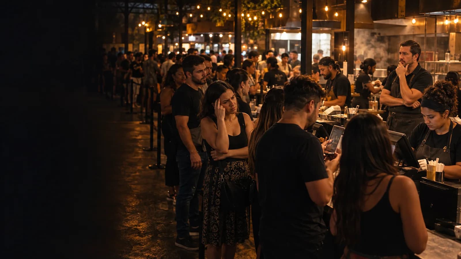 Clientes aguardam para pedir em um balcão movimentado durante um evento